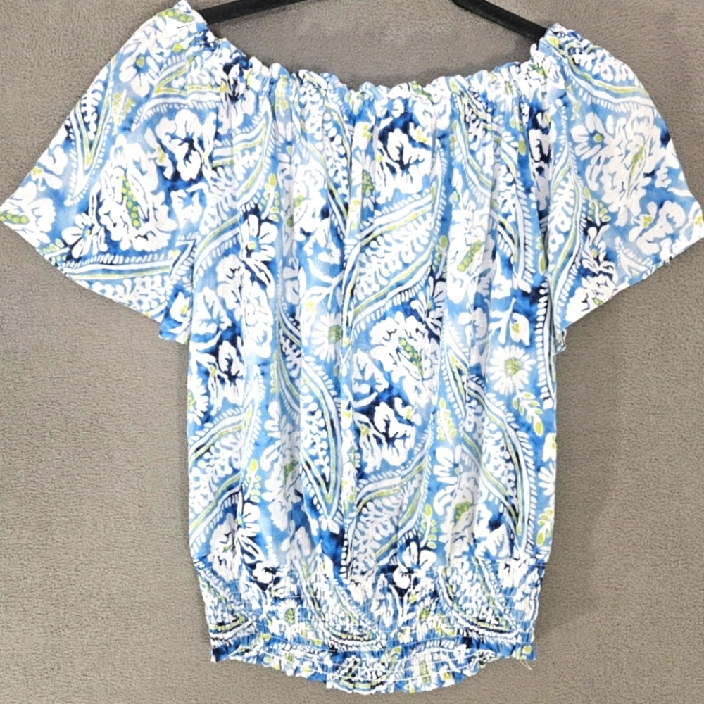 Christian Siriano Top, Size S, Floral, Blue / Green, Flutter Sleeve, Ruffle Neck - Picture 4 of 6